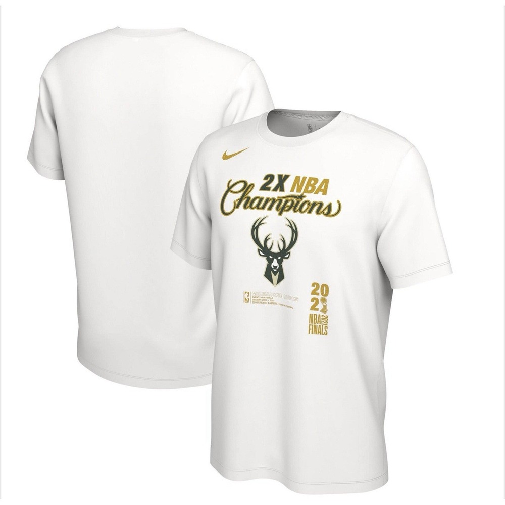 Nike Milwaukee Bucks Shirt Men 2XL White Green Gold Locker Room Tee 2021 Champs